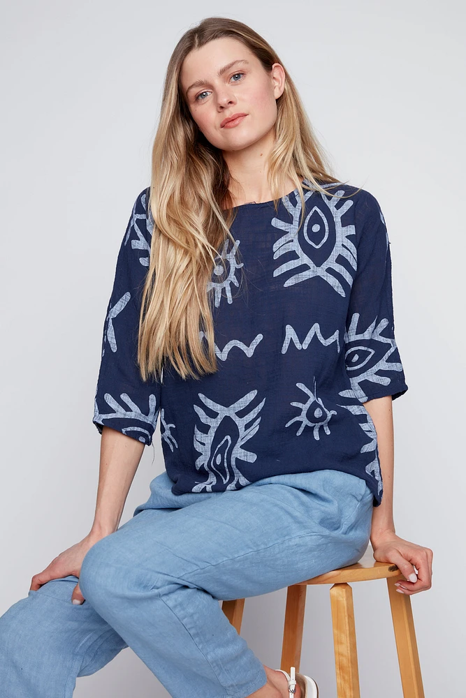 Abstract eyes cotton gauze top