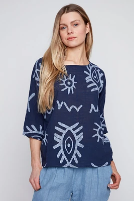 Abstract eyes cotton gauze top