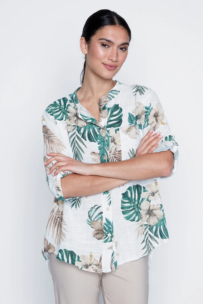 La blouse en gaze de coton à imprimé tropical