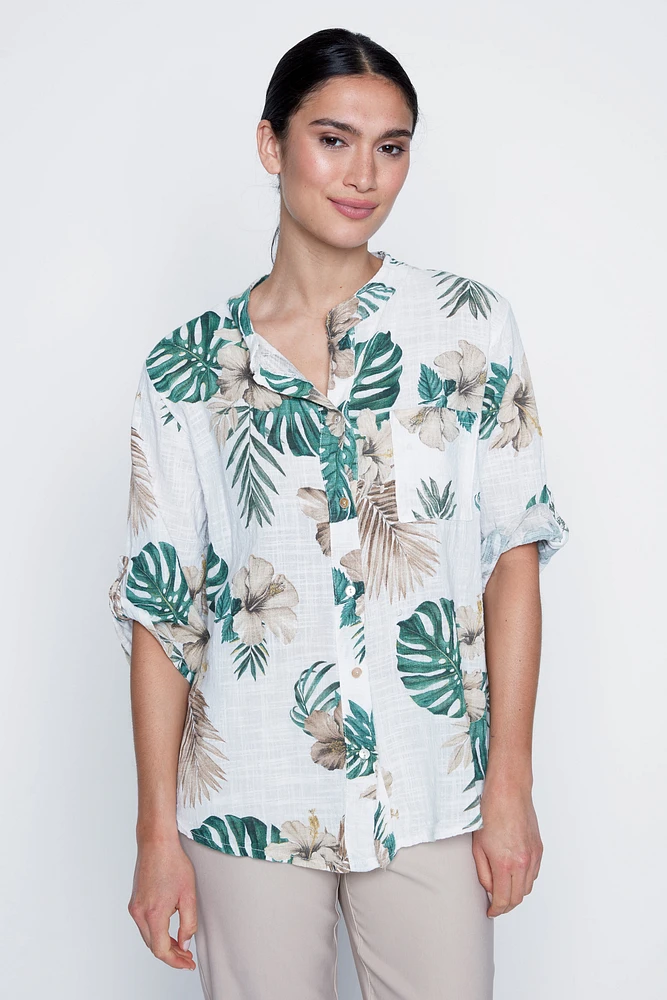 La blouse en gaze de coton à imprimé tropical