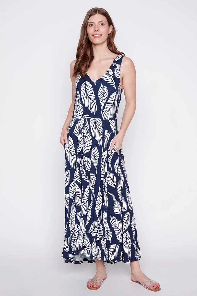 Hi-lo leaf print jersey dress