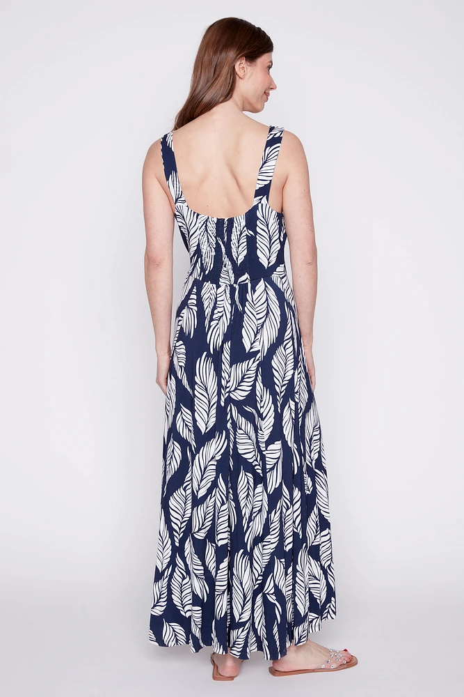 Hi-lo leaf print jersey dress