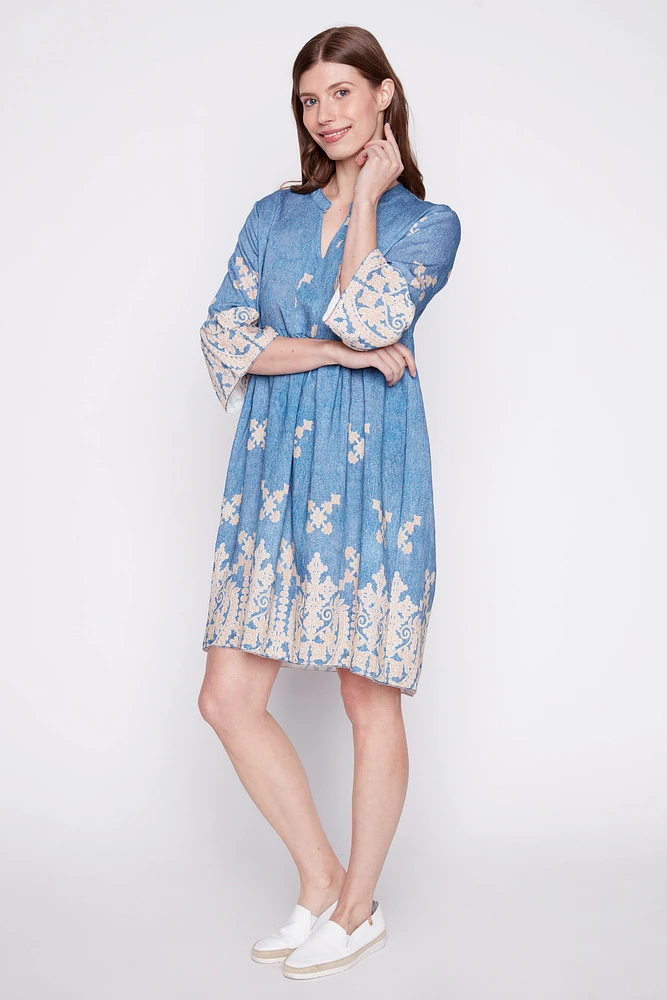 Bell sleeve border print dress