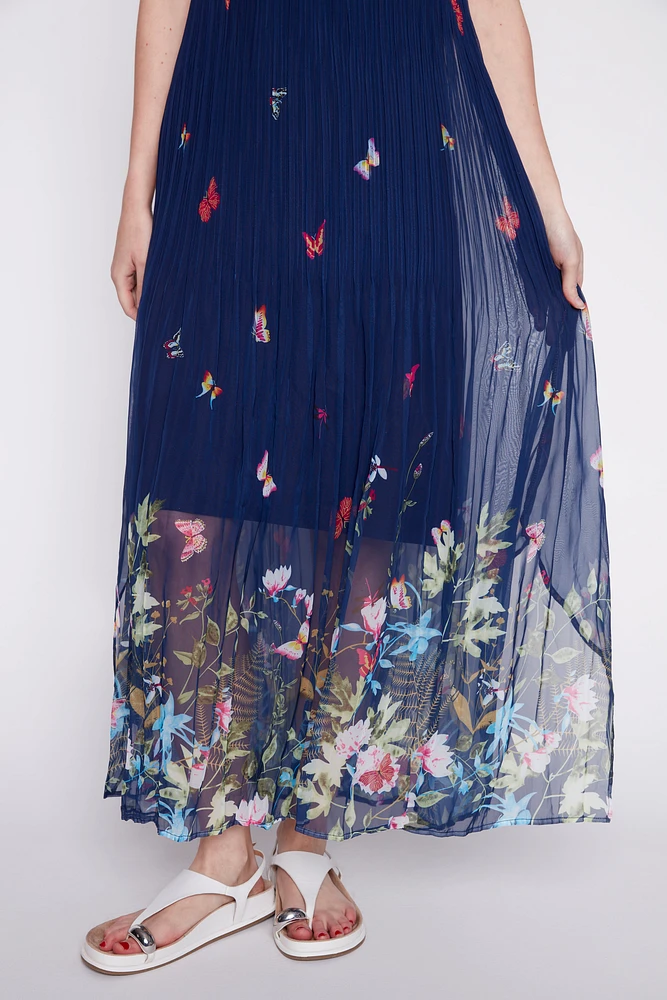 Pleated butterflies border maxi dress