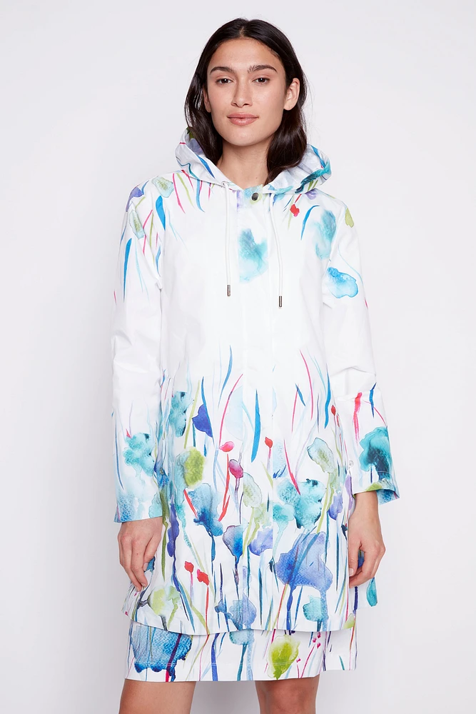 Floral border print raincoat