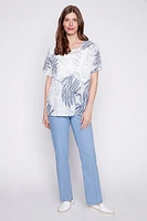 Foliage print cotton gauze top