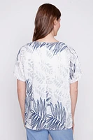 Foliage print cotton gauze top