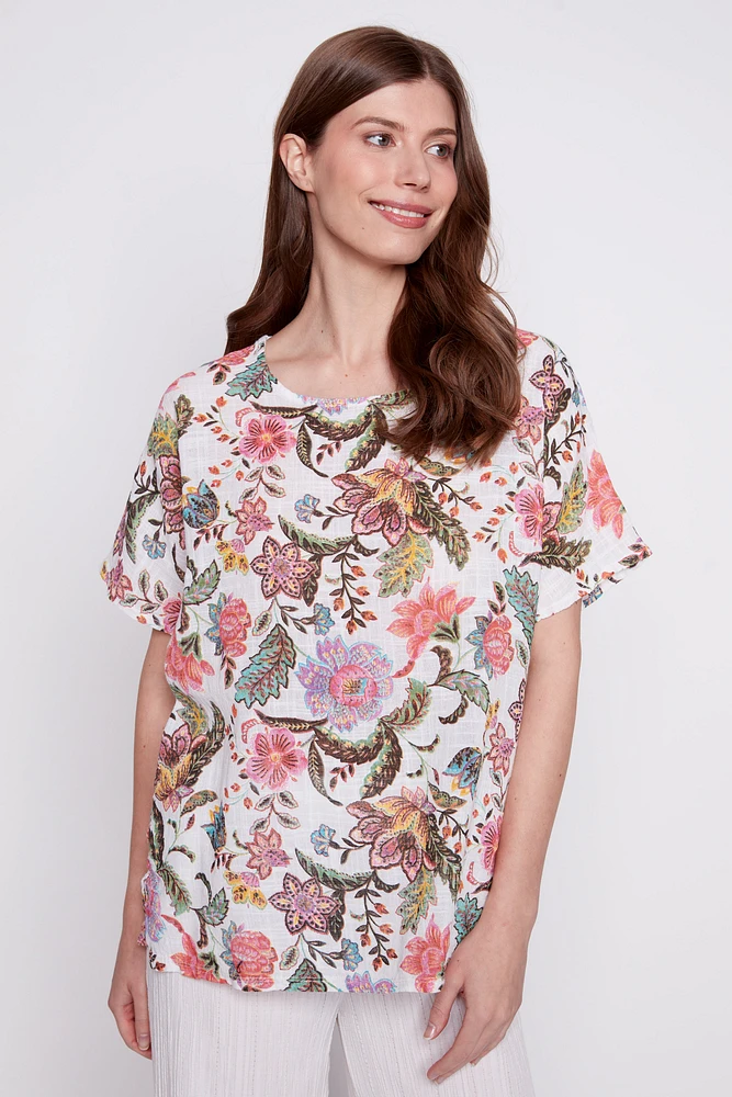 Floral paisley print cotton gauze top