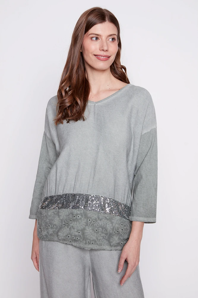 Sequin and eyelet detail tunic