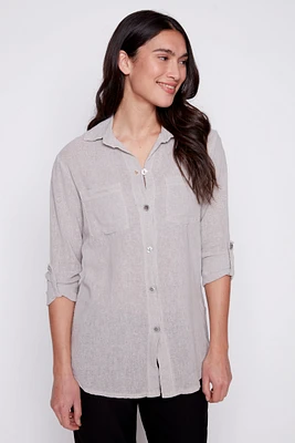 Solid cotton linen blend blouse