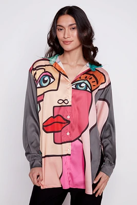 Colorful Picasso print satin blouse