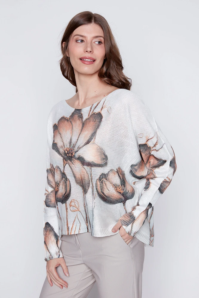 Flower print knit sweater