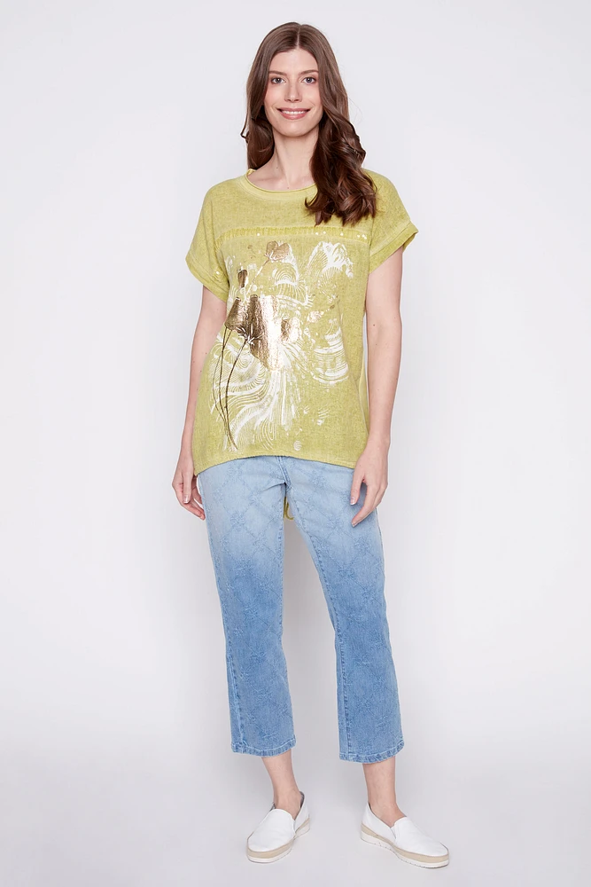 Floral design cotton linen blend top