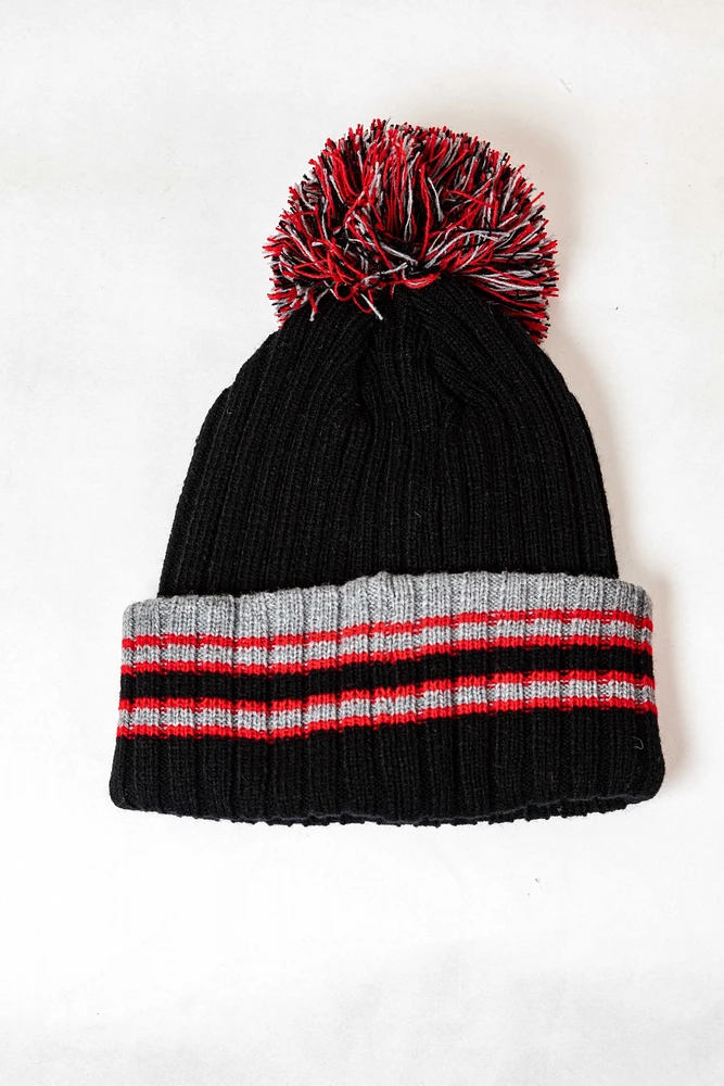 Country Knit Hat Pom Red & Grey Stripe Canada