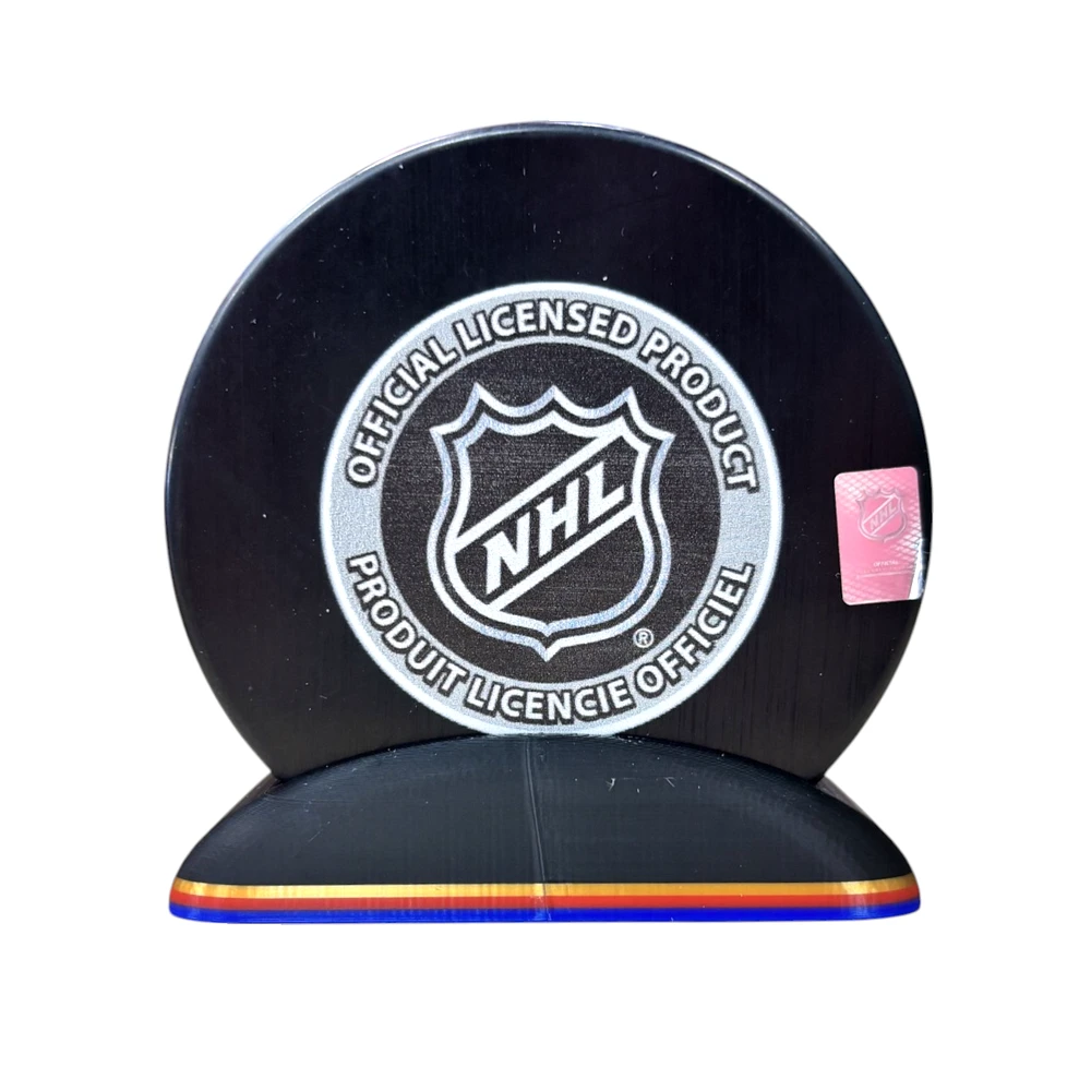 Puck Display Stand Gold, Red & Blue