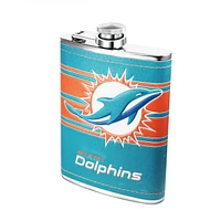 NFL 8 oz SS Flask + Funnel Set PU Wrap With Embossed Logo Dolphins
