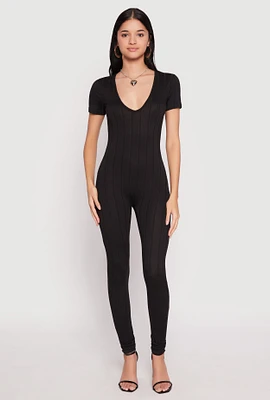 Womens Ribbed Knit Short Sleeve V Neck Jumpsuit,