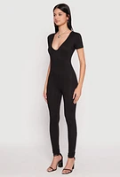 Womens Ribbed Knit Short Sleeve V Neck Jumpsuit,