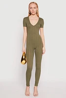 Womens Ribbed Knit Short Sleeve V Neck Jumpsuit, Green, Size L