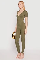 Womens Ribbed Knit Short Sleeve V Neck Jumpsuit, Green, Size L