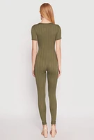 Womens Ribbed Knit Short Sleeve V Neck Jumpsuit, Green, Size L