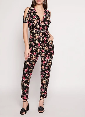 Womens Patterned Cold Shoulder Jumpsuit, Multi,