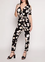 Womens Patterned Cold Shoulder Jumpsuit,