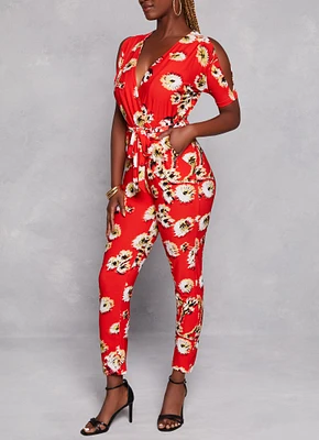 Womens Patterned Cold Shoulder Jumpsuit, Red, Size L