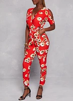 Womens Patterned Cold Shoulder Jumpsuit, Red, Size M