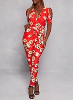 Womens Patterned Cold Shoulder Jumpsuit, Red, Size M
