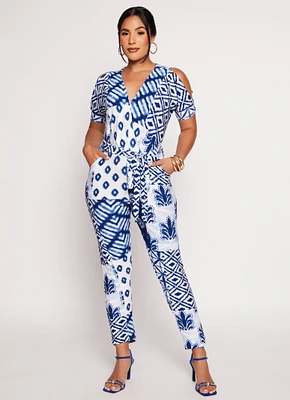 Womens Patterned Cold Shoulder Jumpsuit,