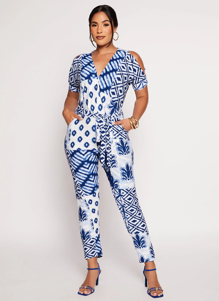 Womens Patterned Cold Shoulder Jumpsuit, Blue, Size S