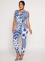 Womens Patterned Cold Shoulder Jumpsuit,