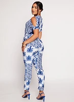 Womens Patterned Cold Shoulder Jumpsuit, Blue, Size S