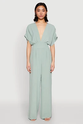 Womens Airy Dolman Sleeve Plunge Jumpsuit, Green, Size L