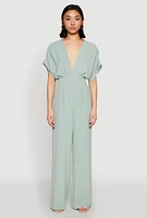 Womens Airy Dolman Sleeve Plunge Jumpsuit, Green, Size L