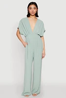 Womens Airy Dolman Sleeve Plunge Jumpsuit, Green, Size L