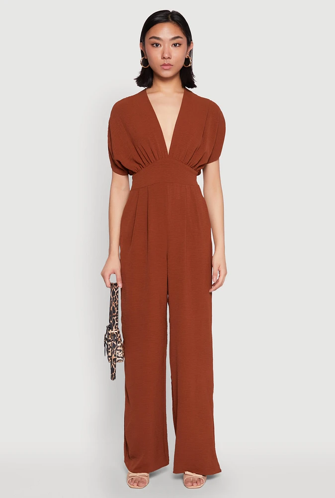 Womens Airy Dolman Sleeve Plunge Jumpsuit, Brown, Size XL