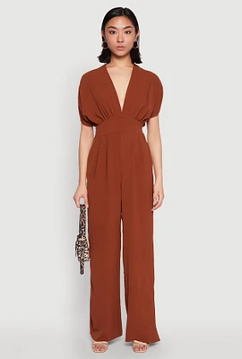 Womens Airy Dolman Sleeve Plunge Jumpsuit, Brown, Size XL
