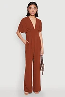 Womens Airy Dolman Sleeve Plunge Jumpsuit, Brown, Size XL