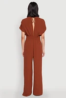 Womens Airy Dolman Sleeve Plunge Jumpsuit, Brown, Size XL
