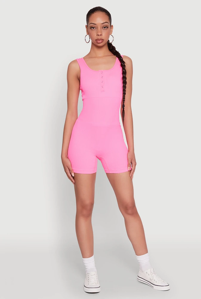 Womens Seamless Snap Button Front Biker Romper, Pink, Size L-XL