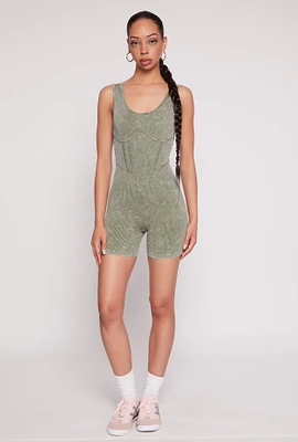 Womens Mineral Wash Corset Detail Biker Romper,