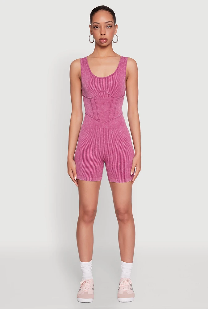 Womens Mineral Wash Corset Detail Biker Romper, Burgundy, Size S-M