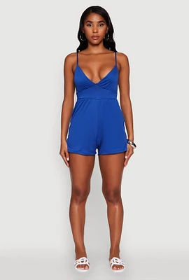 Womens Stylish Textured Knit Plunge Neck Cami Romper with Tie Back,