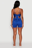 Womens Stylish Textured Knit Plunge Neck Cami Romper with Tie Back,