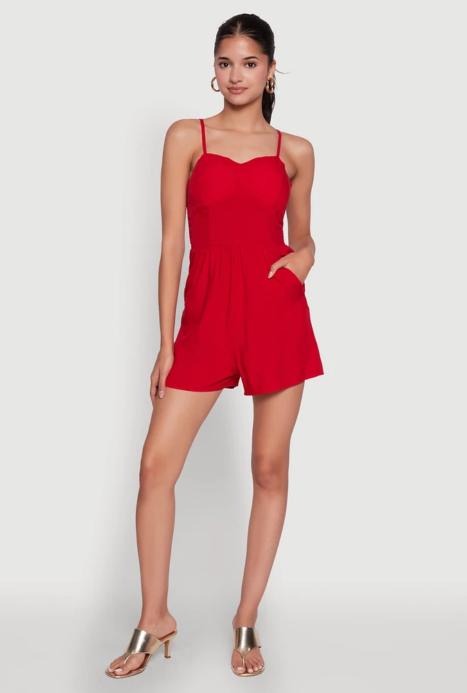 Womens Chic Sleeveless Padded Cup Romper with Pockets and Smocked Details, Red, Size L