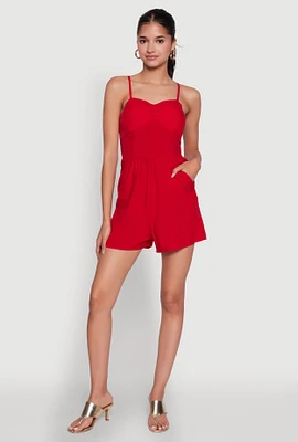 Womens Chic Sleeveless Padded Cup Romper with Pockets and Smocked Details, Red, Size L