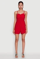 Womens Chic Sleeveless Padded Cup Romper with Pockets and Smocked Details, Red, Size L