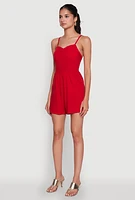 Womens Chic Sleeveless Padded Cup Romper with Pockets and Smocked Details, Red, Size L